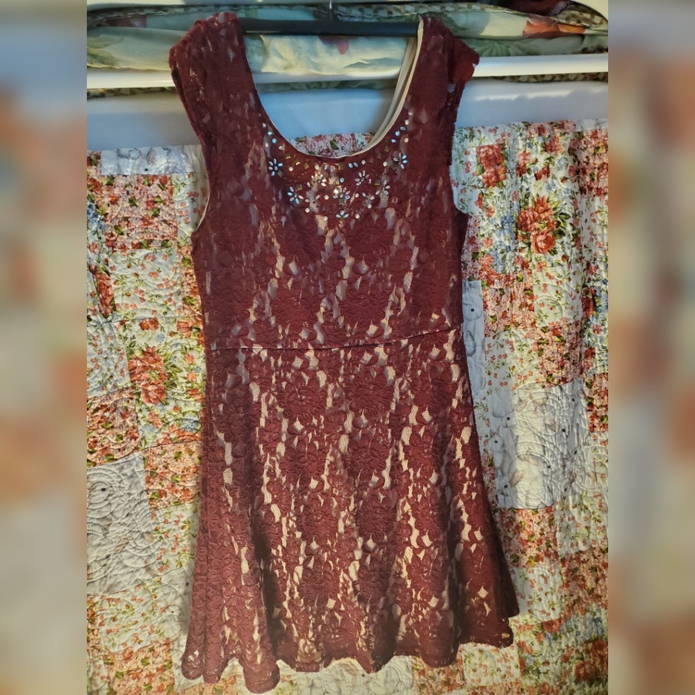 Love Fire Dress Burgundy Nude Lace Beaded Studded